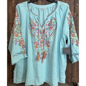 John Mark Tunic Top Turquoise Linen Embroidered Nwt Tassel 3/4 Sleeve 2X
